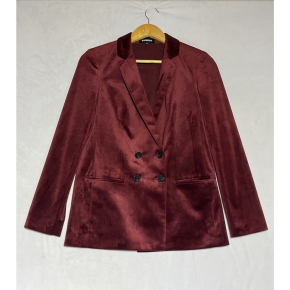 Express Velvet Blazer Double Breasted Womens XS Burgundy Red Holiday Formal - Picture 1 of 14